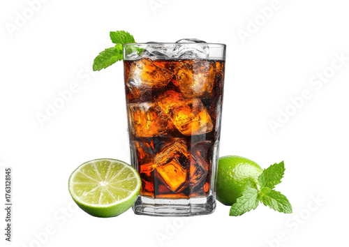 Iced drink with lime and mint, dark liquid in tall glass