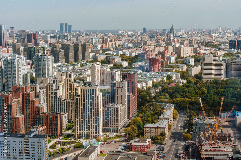 Naklejka premium Panorama of the city with buildings and sights from above. Moscow, Russia - 12 Sep 2025
