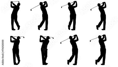 Silhouette of a male golfer in mid swing with a golf club against a white background