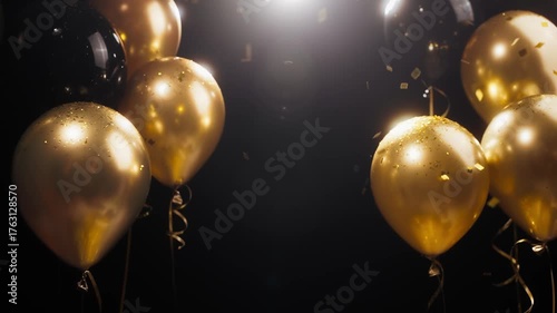 Holiday background with golden balloons and falling confetti