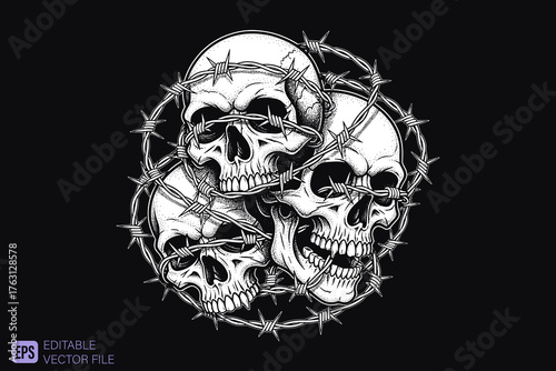 Three Skulls Entwined with Barbed Wire in a Dark and Edgy Design
