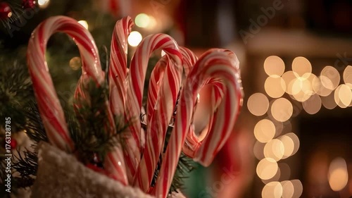 A Christmas stocking stuffed with candy canes, with festive lights and decorations in the background.