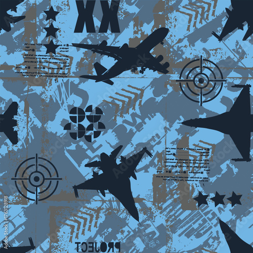 Grunge vector seamless pattern with blue military color aircrafts, grunge elements . Camouflage wallpaper for guys . Suitable for textiles, sportswear, web
