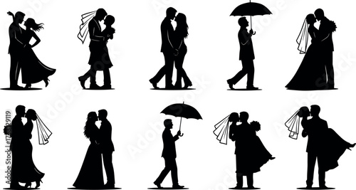 Romantic couple silhouettes, black vector illustration, love poses, wedding moments, embrace art, kiss scene, partnership, dance, umbrella, white background