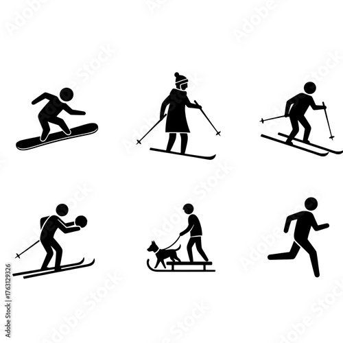 Collection of six black silhouette icons representing various winter sports and outdoor activities for a clean graphic design