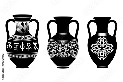 Three ancient greek amphorae vases with intricate black and white decorative patterns and handles isolated on white background