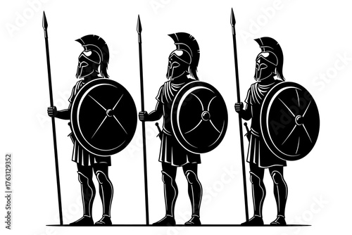 Three ancient greek spartan warriors in full armor holding spears and round shields standing in formation ready for battle