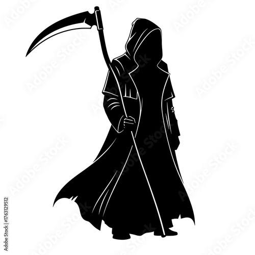Mysterious grim reaper silhouette holding a scythe cloaked figure against a white background
