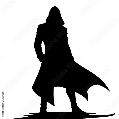 Mysterious hooded figure in a long flowing coat stands silhouetted against a bright white background with a dark shadow