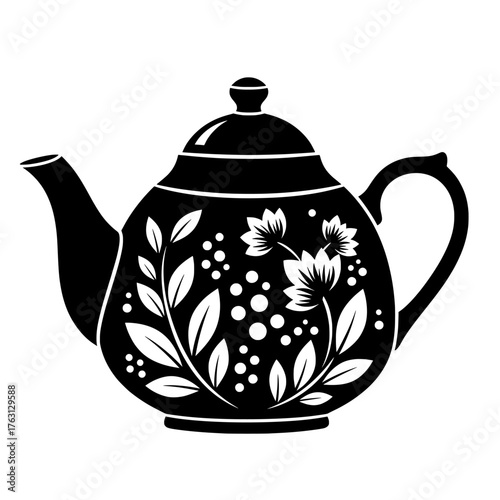 Elegant black teapot adorned with delicate white floral and botanical illustrations on a clean white background