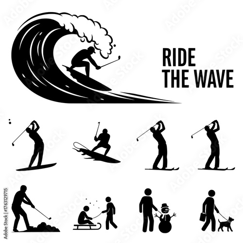Dynamic illustration of a surfer riding a large wave with a collection of diverse winter and summer sports silhouettes below