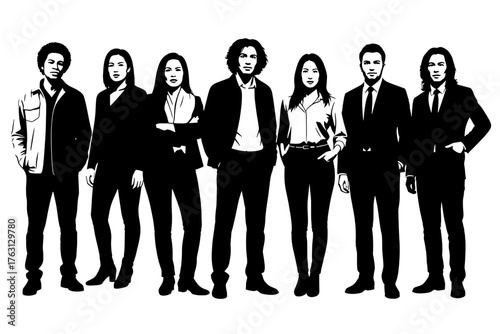 Diverse group of stylish young adults standing together in a silhouette against a white background showcasing modern fashion and individuality