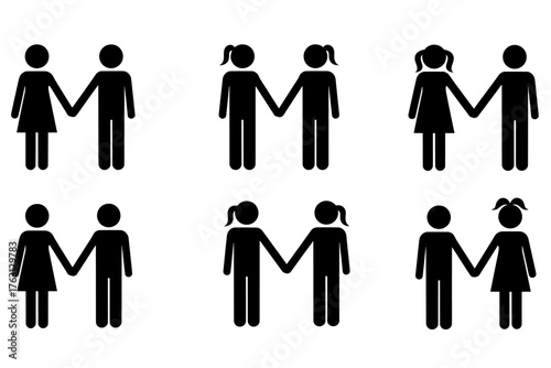 Collection of six diverse stick figure couples holding hands representing different relationships and love connections