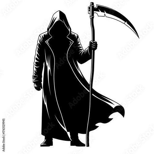 Silhouette of the grim reaper figure in a long hooded cloak holding a scythe in a dramatic and ominous stance