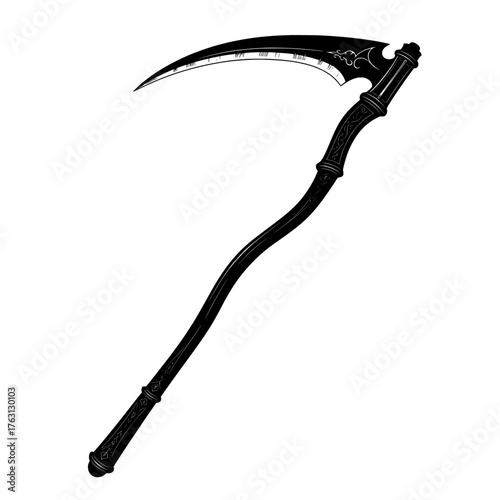 A detailed black and white illustration of a grim reaper s scythe with a curved blade and gnarled wooden handle isolated on a white background