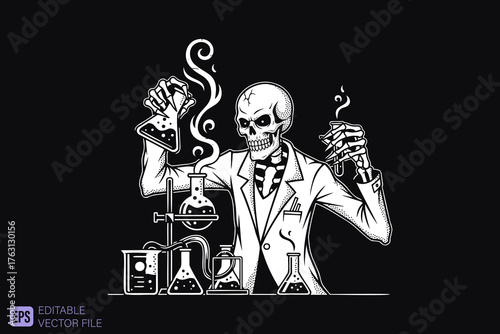 Mad Scientist Skeleton Conducting Experiments in a Laboratory.