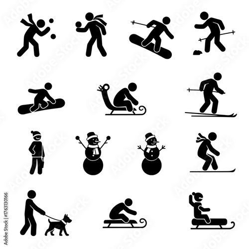 Collection of silhouette icons representing various winter sports and activities for a healthy lifestyle