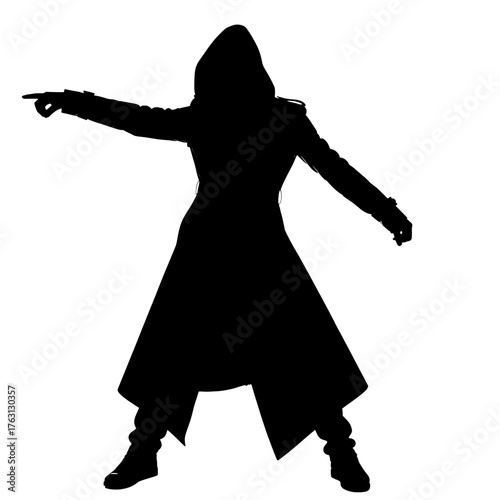 Mysterious hooded figure in a long coat pointing forward with a determined stance on a white background