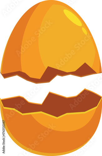 Cartoon golden eggshell breaking open, revealing emptiness, isolated on white background
