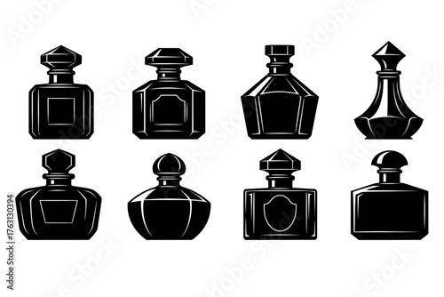 Collection of elegant vintage perfume bottles with ornate stoppers and detailed glass designs in a graphic illustration style