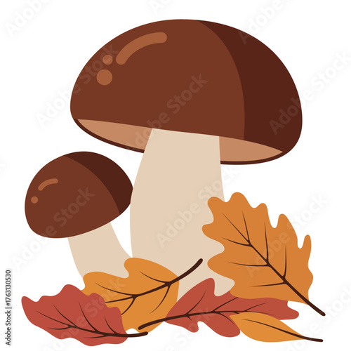 Two autumn boletus mushrooms with fallen leaves. Seasonal harvest and forest nature concept for fall or Thanksgiving card.