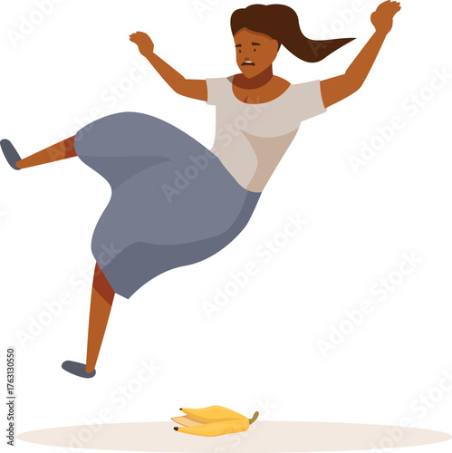 Young woman falling down after slipping on banana peel, accident due to carelessness