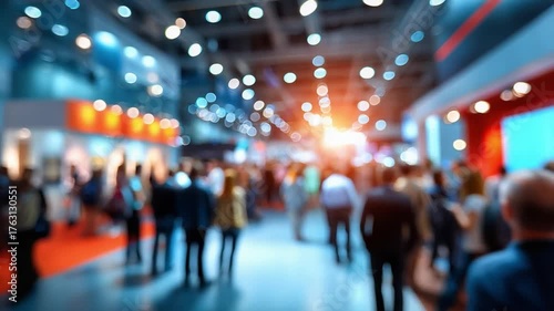Exhibition crowd scene: A bustling scene from a grand exhibition hall, filled with the blurred figures of attendees, and showcasing a vibrant atmosphere of interaction and networking.