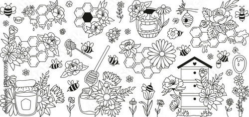 Honeycomb and bee themed floral pattern