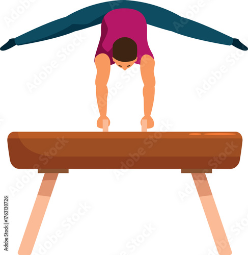 Gymnast performing splits on pommel horse, showcasing strength and flexibility during training or competition