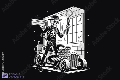 Skeleton Mechanic with Wrench and Hot Rod Car.