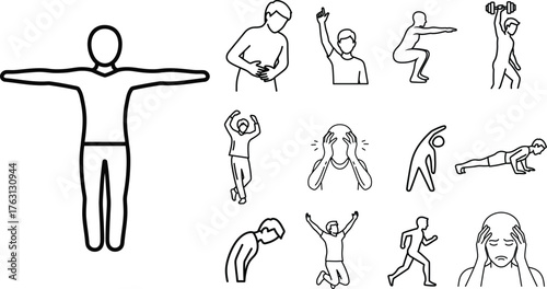 Collection of hand drawn line art silhouettes illustrating various human poses and exercises