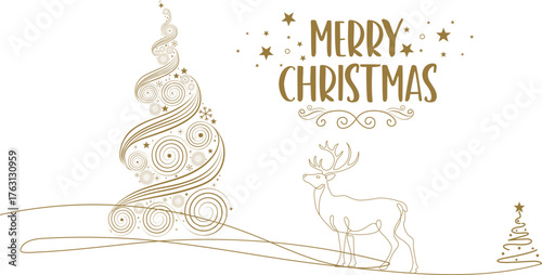 Elegant Merry Christmas greeting with a minimalist swirling line art Christmas tree and graceful deer