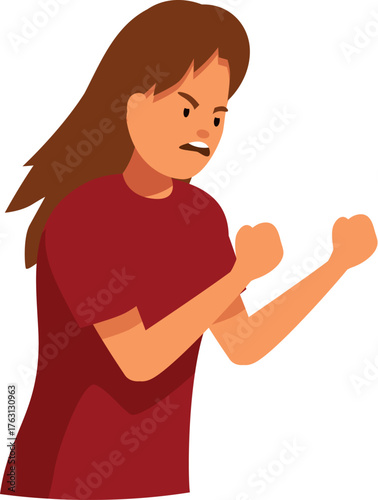 Aggressive young woman raising fists and arguing with an angry expression