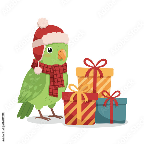 A cheerful small green budgie type parrot wearing a fluffy bobble hat and checkered scarf stands proudly beside a stack of colorful holiday gift boxes in this vibrant 2D flat vector illustration.
