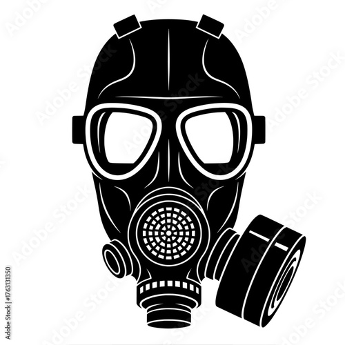 Black silhouette of a vintage gas mask with filter and straps against a white background for protection and safety concepts