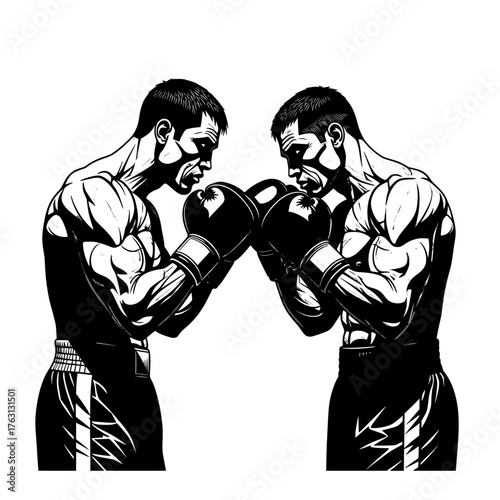 Two muscular male boxers face off in intense stance ready for combat with boxing gloves and determined expressions