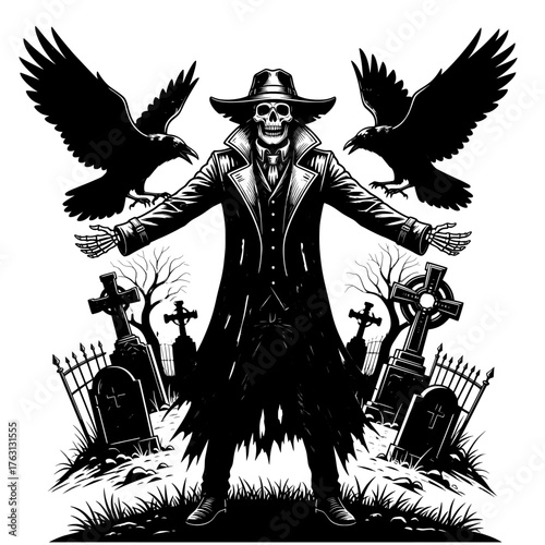 Spooky western skeleton cowboy with outstretched arms surrounded by crows in a dark graveyard at night
