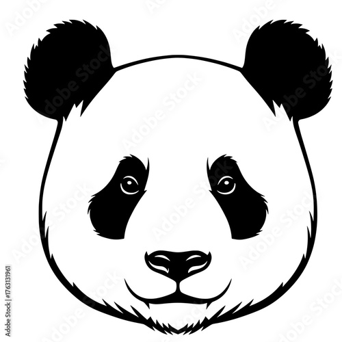 Close up black and white illustration of a friendly giant panda bear face with distinct black eye patches and ears