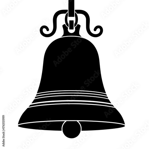 Classic black silhouette of a hanging bell with decorative bands and a clapper isolated on a white background