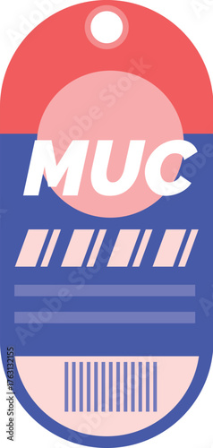 Colorful luggage tag showing muc airport code, representing munich, germany, for travel and tourism
