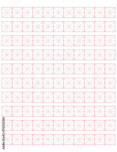 Workbook for writing hieroglyphs. Lined mesh paper for printing. Geometric pattern for school. Realistic lined paper. Simulator for writing Chinese. Page of calligraphy exercises. Graph paper.