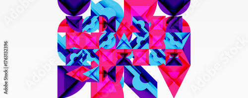 Abstract geometric shapes, vibrant pinks, blues dominate composition. Complex layering creates dynamic visual texture. Modern design.