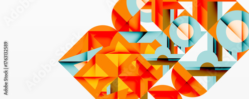 Abstract geometric composition. Orange, light blue shapes overlap creating dynamic visual interest. Minimalist design, modern aesthetic.