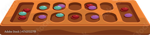 Mancala board game displaying colorful stones in oval shaped compartments, representing strategy, competition, and cultural heritage