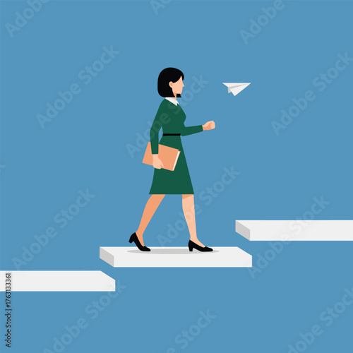 Woman walking up stairs with a paper airplane flying ahead