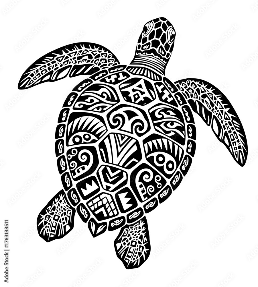 Fototapeta premium Intricate black and white tribal tattoo design of a sea turtle with detailed patterns and swirling motifs