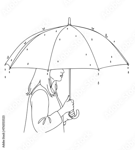 Stylized line drawing of a person holding a transparent umbrella with raindrops falling and a hand reaching out