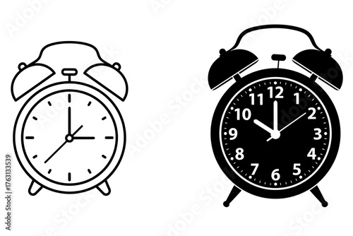 Two vintage alarm clocks one black silhouette and one white outline on a clean white background