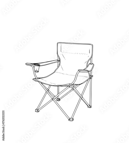 Simple line art illustration of a collapsible folding camp chair with a backrest and four legs