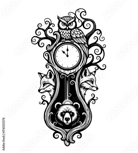 Whimsical black and white illustration of an antique grandfather clock adorned with forest animals and ornate swirls